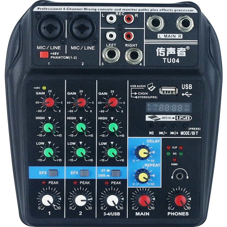 TU04 Console di missaggio audio BT Registra Monitor con alimentazione Phantom 48V Percorsi AUX Plus Effetti Mixer audio a 4 canali con USB TU04 Console di missaggio audio BT Registra Monitor con alimentazione Phantom 48V Percorsi AUX Plus Effetti Mixer audio a 4 canali con USB